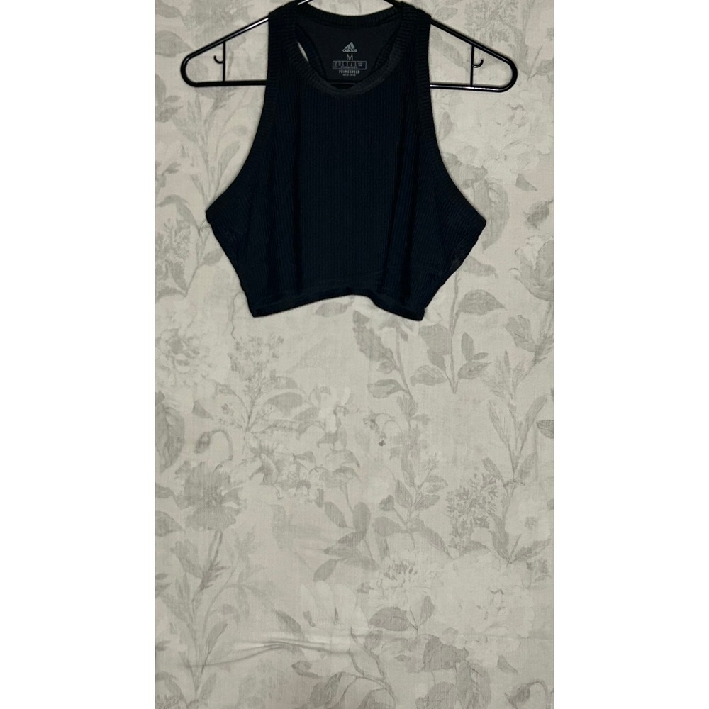 Adidas Women Black Ribbed Cropped Athletic Tank Top Size M